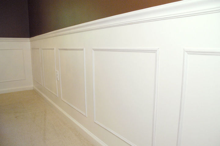 step by step guide to installing molding, diy, wall decor, woodworking projects, Here is one of the completed walls I installed both chair rail and picture frame molding