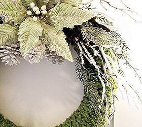 finger knitted christmas wreath, christmas decorations, crafts, seasonal holiday decor, wreaths, A frosted green poinsettia and frosted branches make up the bulk of this easy to do wreath