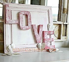 love sign made from an old cabinet door, crafts, painting, repurposing upcycling, seasonal holiday decor, valentines day ideas, I painted the base in CeCe s Traverse City Cherry And the letters in the same red