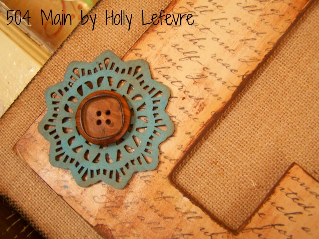 monogrammed burlap canvas, crafts, decoupage, Pretty details topped off with buttons