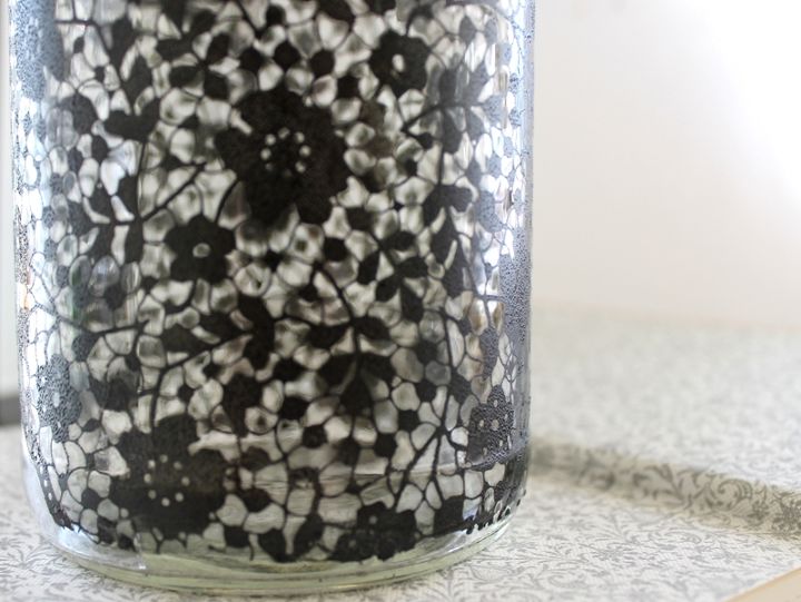 black lace stenciled treat jar for halloween, crafts, halloween decorations, seasonal holiday decor, Use lace stencils to create pretty lace detail on a jar Black glass paint will oven cure or air cure and becomes dishwasher safe