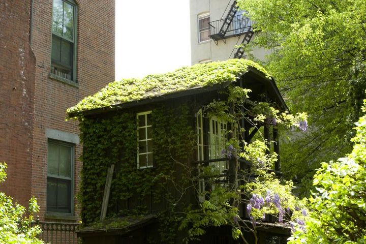 discovering the community gardens with manhattan sideways, flowers, gardening, urban living, Tucked between the buildings of 6th Street we were delighted to find the charming vine covered treehouse a stone seating area beautiful flowers and an attractive brick pathway with a covered archway