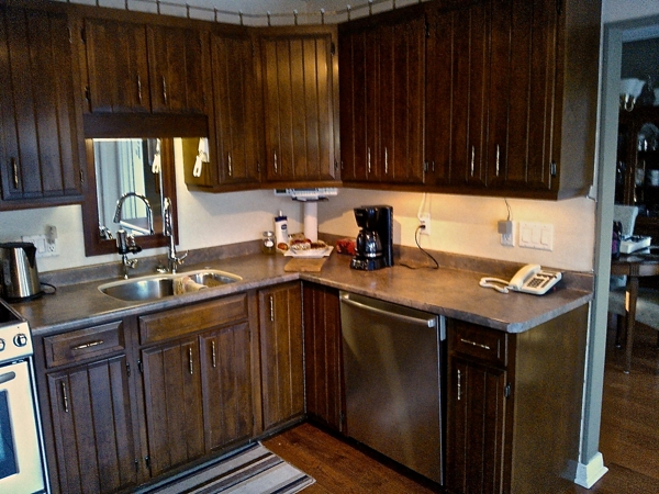 the big reveal a kitchen reno for my parents, diy, home decor, how to, kitchen backsplash, kitchen design, repurposing upcycling, The kitchen before dark and not enough contrast with the wood floors The laminate counters were also dark and dreary