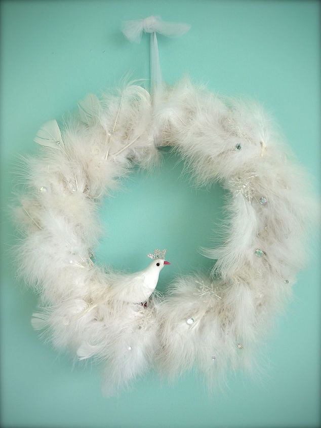 angle globes and feathered wreath, crafts, seasonal holiday decor, wreaths, a dove perches on an easy DIY wreath