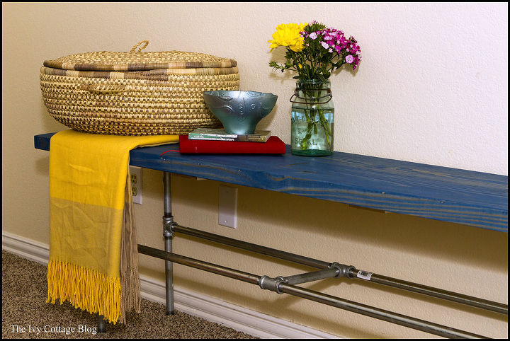 vibrant coastal bedroom, bedroom ideas, home decor, Simple to make bench in rustic denim stain