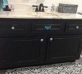 half bath makeover on a budget, bathroom ideas, home decor, Painted vanity and distressed Paint my own hardware for a punch of color Also spray painted faucets