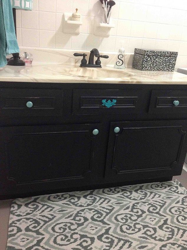 half bath makeover on a budget, bathroom ideas, home decor, Painted vanity and distressed Paint my own hardware for a punch of color Also spray painted faucets