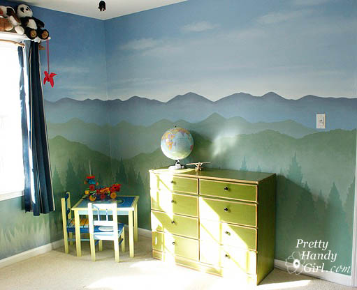 camping themed boy s bedroom, bedroom ideas, home decor, shelving ideas, Day side of the mountain