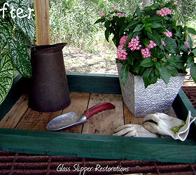 potting table made from pallets, diy, gardening, painted furniture, pallet, repurposing upcycling, woodworking projects, To top things off he made me this potting tray from scrap pallet boards I painted it attached some horseshoe handles and wahla