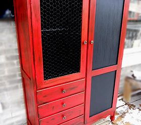 my fun with painting furniture take 1, chalkboard paint, home decor, painted furniture, The whatchamacallit wardrobe turned crafting cupboard with Chalk board fronts and new chicken wire replacing an ugly old mirror