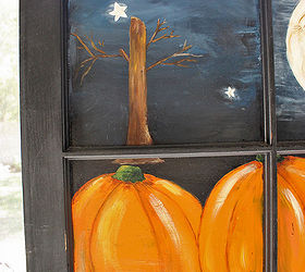 old window painted with a fall scene, repurposing upcycling, seasonal holiday decor