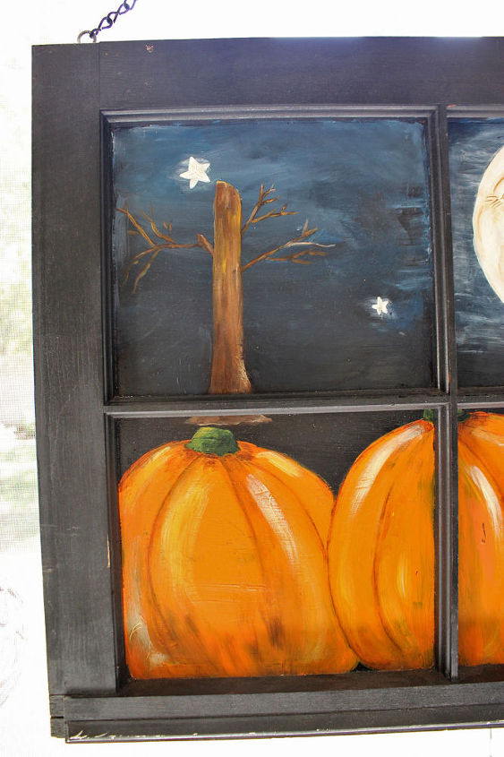 old window painted with a fall scene, repurposing upcycling, seasonal holiday decor