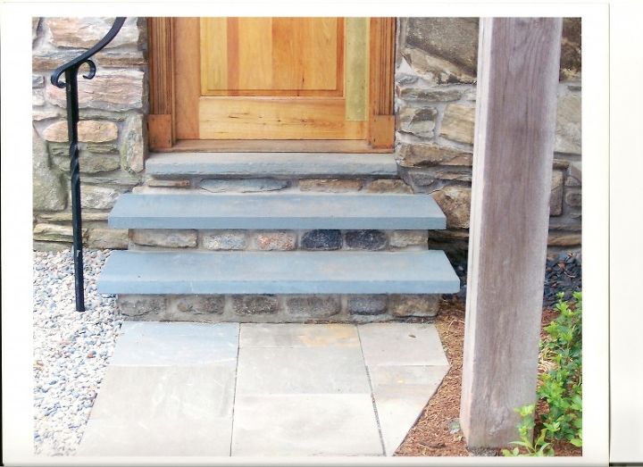 stone stairs, concrete masonry, curb appeal, outdoor living, boston cobble stone risers with flamed bluestone treads