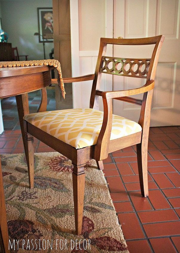 my ever changing kitchen table saga and a huge life announcement, chalk paint, home decor, kitchen design, painted furniture, Chairs reupholstered in cheery yellow and white outdoor fabric