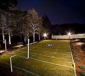 custom mini field of dreams, decks, landscape, outdoor living, Endzone view of field Showing Hedges PVC based field goal posts Bermuda turf and custom field bench