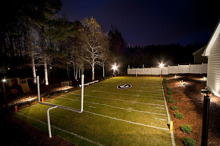 custom mini field of dreams, decks, landscape, outdoor living, Endzone view of field Showing Hedges PVC based field goal posts Bermuda turf and custom field bench