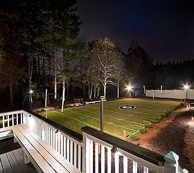 custom mini field of dreams, decks, landscape, outdoor living, View of field from deck showcasing high voltage field lights