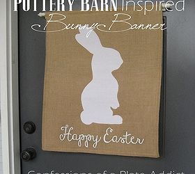 a farmhouse porch for spring, porches, seasonal holiday decor, windows, wreaths, A handmade Pottery Barn inspired burlap banner takes the place of a traditional wreath on the front door A link to the tutorial for the banner can be found on my blog here