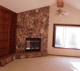 help can you help redo this living room rock brick bookshelf off center window, Left side of Living Room shows book shelf fireplace rock wall off center window vaulted ceiling