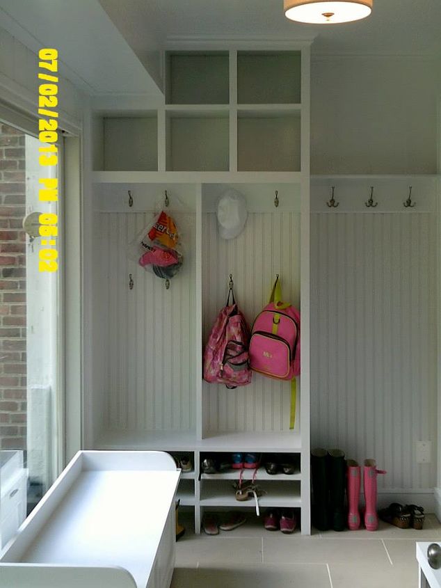 mudroom cubbies beadboard and benches, foyer, shelving ideas, storage ideas, woodworking projects