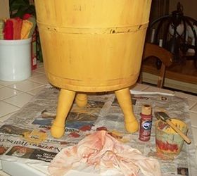 magazine bucket, cleaning tips, diy, home improvement, I decided on a golden wheat color with streaks of barn red and added a whitewash I lightly sanded it down to expose some of the wood