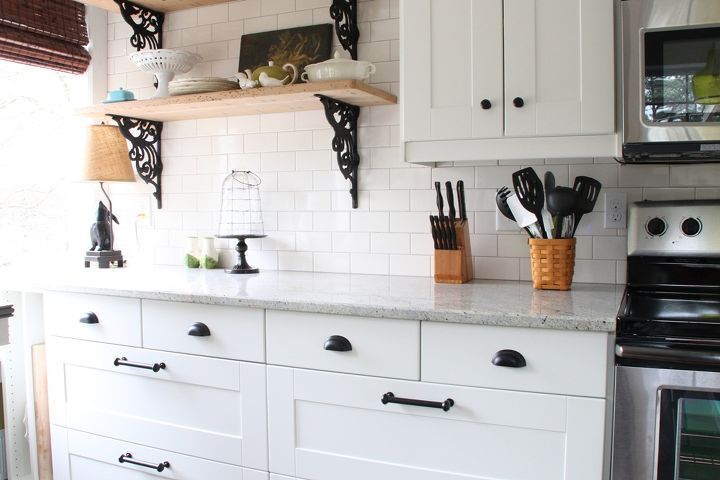 my cottagey ikea kitchen, home decor, kitchen design, kitchen island, shelving ideas, I especially love these two 36 base cabinets of all drawers Granite is Kashmire White