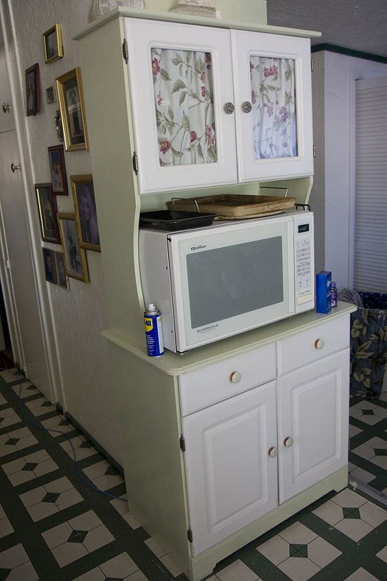 true before pictures, home decor, I had an illfitting hutch for the microwave there is extension cord to plug in since this was simply the ENTRANCE to the dining room I painted the cheap hutch added floral in the top windows
