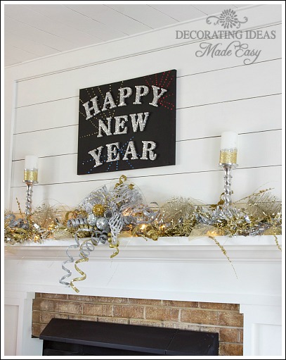 new year s even mantel, crafts, seasonal holiday decor, All of my decorations were on clearance I purchased two silver and gold garlands and intertwined Christmas lights to make the mantel glow