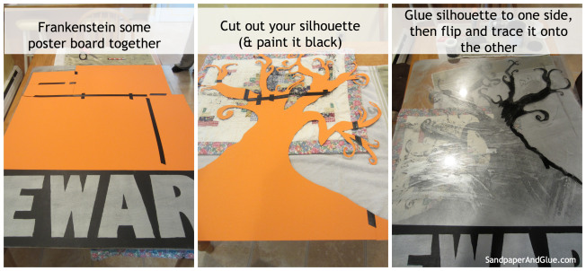 diy halloween window display, crafts, halloween decorations, seasonal holiday decor, Tree Silhouette draw onto poster board cut out adhere to board paint Once dry flip over and paint again I used black paint and martha stewart textured craft paint