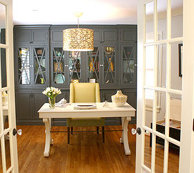 a stylish home office, craft rooms, home decor, home office, Mirrored panes on the French doors for privacy