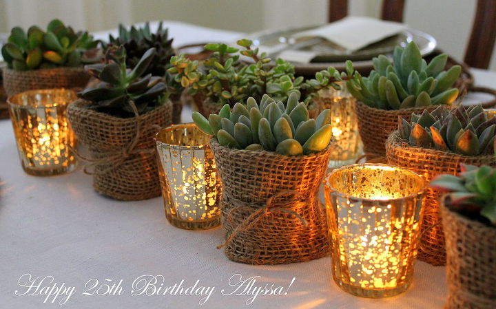 burlap wrapped succulent create table runner, crafts, flowers, gardening, home decor, succulents