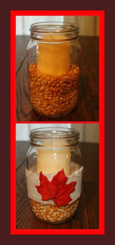 thanksgiving centerpiece craft for the holiday challenged, crafts, mason jars, seasonal holiday decor, thanksgiving decorations, Mason jar candle with corn