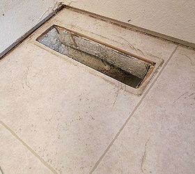 grouted vinyl tile, bathroom ideas, flooring, tile flooring, tiling, I started by removing the air vent to create a template to cut the first piece of tile