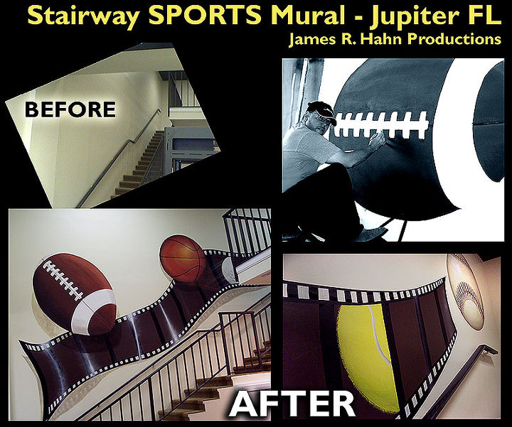 rec amp entertainment room, garages, home decor, stairs, wall decor, Stairway Sports Filmstrip mural