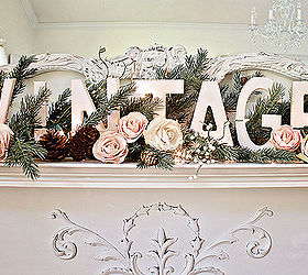vintage christmas mantle, christmas decorations, fireplaces mantels, seasonal holiday decor, painted wood letters and paper roses