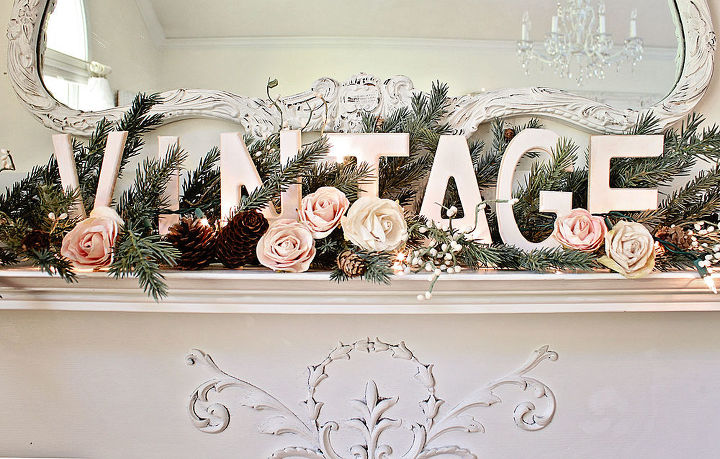vintage christmas mantle, christmas decorations, fireplaces mantels, seasonal holiday decor, painted wood letters and paper roses