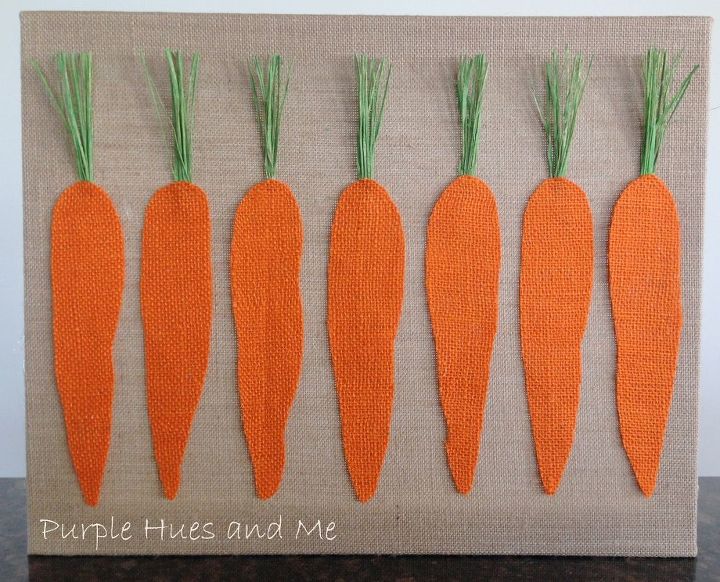 easter burlap canvas art, crafts, easter decorations, seasonal holiday decor, Carrots were cut out of orange burlap and the carrot tops are made using raffia painted green bunched together