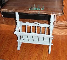 sea horse beachy magazine rack end table makeover, painted furniture, here it is after getting painted notice the weathered looking wood top