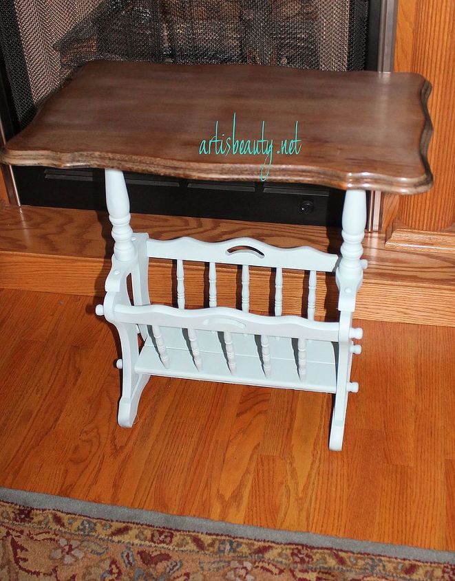 sea horse beachy magazine rack end table makeover, painted furniture, here it is after getting painted notice the weathered looking wood top