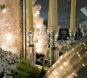 a christmas vignette, christmas decorations, seasonal holiday decor, A couple of crystal candle sticks