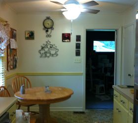 my kitchen redo, kitchen cabinets, kitchen design, painting, The other end of the kitchen with the new chair rail no I didn t miter the corners I ve yet to learn how to do that so it looks a little strange but their all mine I will pull out my dad s mitering box and learn though