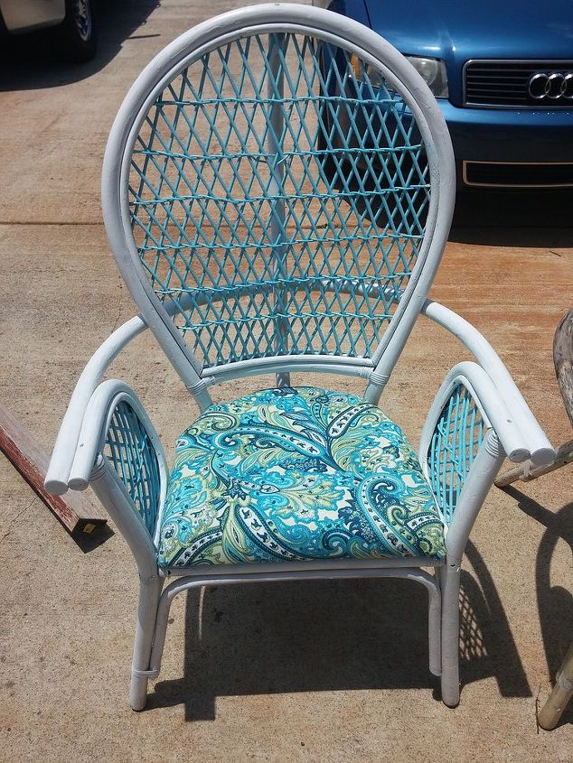 up cycled wicker chairs, painted furniture, finished product have three more to finish