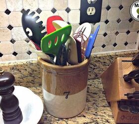 our new coffee and cooking stations, home decor, kitchen design, I love this French Country utensil holder with it s typography to house all the utensils right by the stove