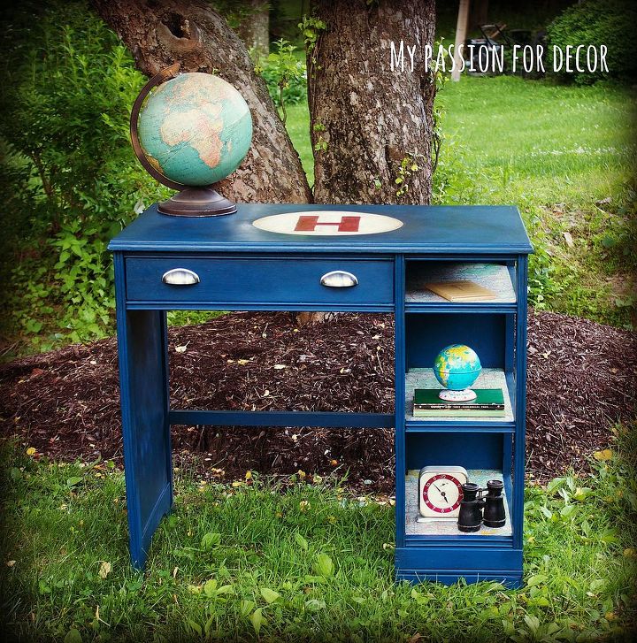 vintage gas station map desk, chalk paint, painted furniture, Painted in Chalk Paint by Annie Sloan in Napoleonic Blue Old White and Emperor s Silk