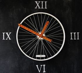 upcycled bicycle wheel clock, repurposing upcycling, A bicycle wheel clock with yardstick hands looks fabulous on a chalkboard wall
