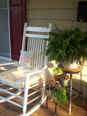 i miss my porch when s spring summer, home decor, outdoor living, porches, I love the rocking chair with it s 10lb Sugar Pillow and a great vintage stepstool as a plant stand