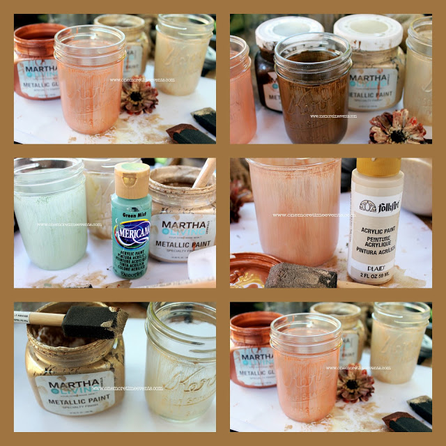 painted fall mason jars, crafts, mason jars, painting, Mason Jars Painted with metallic Paints and acrylic paint using a sponge brush to see more on how this was done go to