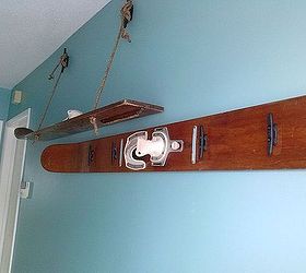 clever upcycle of vintage water skis, Some nautical rope cleats for coat hangers and larger rope cleats to hang the shelf from Add some rope and voila