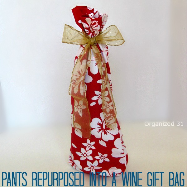 upcycled wine gift bag from a pair of pants, crafts, repurposing upcycling, A unique and fun upcycled wine gift bag from an old pair of pants