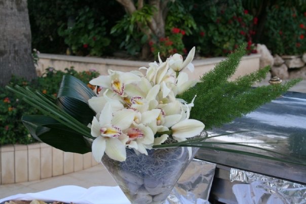 wedding flower display, flowers, gardening, outdoor living, wedding display by www flowersandstyle materials Cymbidium Orchid with greenery tillandsia moss and stones